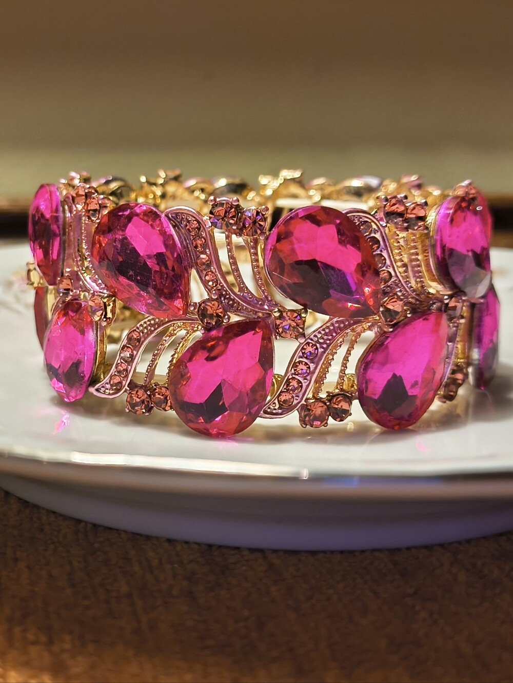 Big Glass Rhinestones Pagent Prom PINK Chunky Stretch Bracelet Pink Enamel